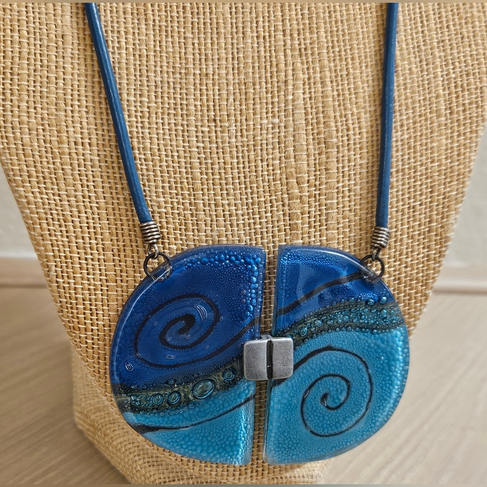 Vintage Murano Glass Lampwork Artsy Waves Fusion Handmade Leather Cord Necklace